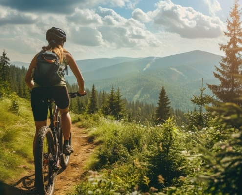 Mountainbikerin fährt im Sommer durch eine Bergwaldlandschaft.