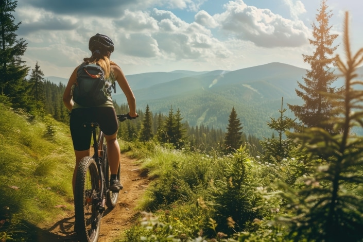 Mountainbikerin fährt im Sommer durch eine Bergwaldlandschaft.