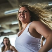 Leicht übergewichtige Frau bei einem Workout in einer Gruppe