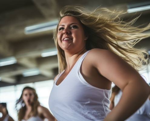 Leicht übergewichtige Frau bei einem Workout in einer Gruppe