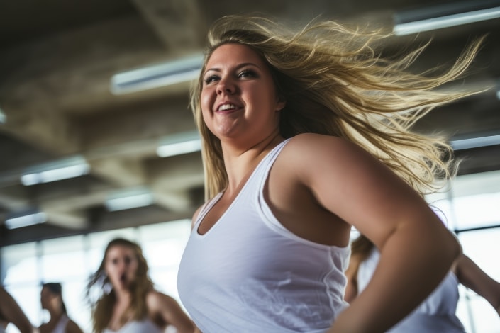 Leicht übergewichtige Frau bei einem Workout in einer Gruppe