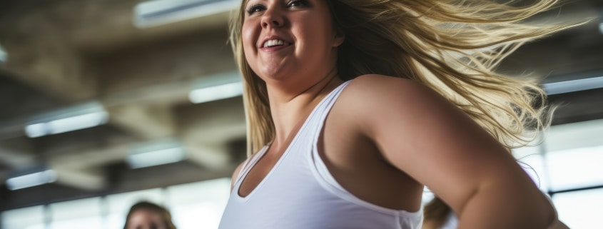 Leicht übergewichtige Frau bei einem Workout in einer Gruppe
