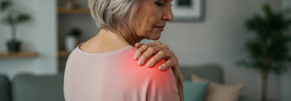 Ältere Frau mit sichtbaren Schmerzen im Schulterbereich