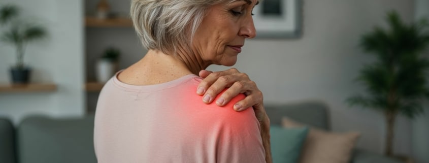 Ältere Frau mit sichtbaren Schmerzen im Schulterbereich